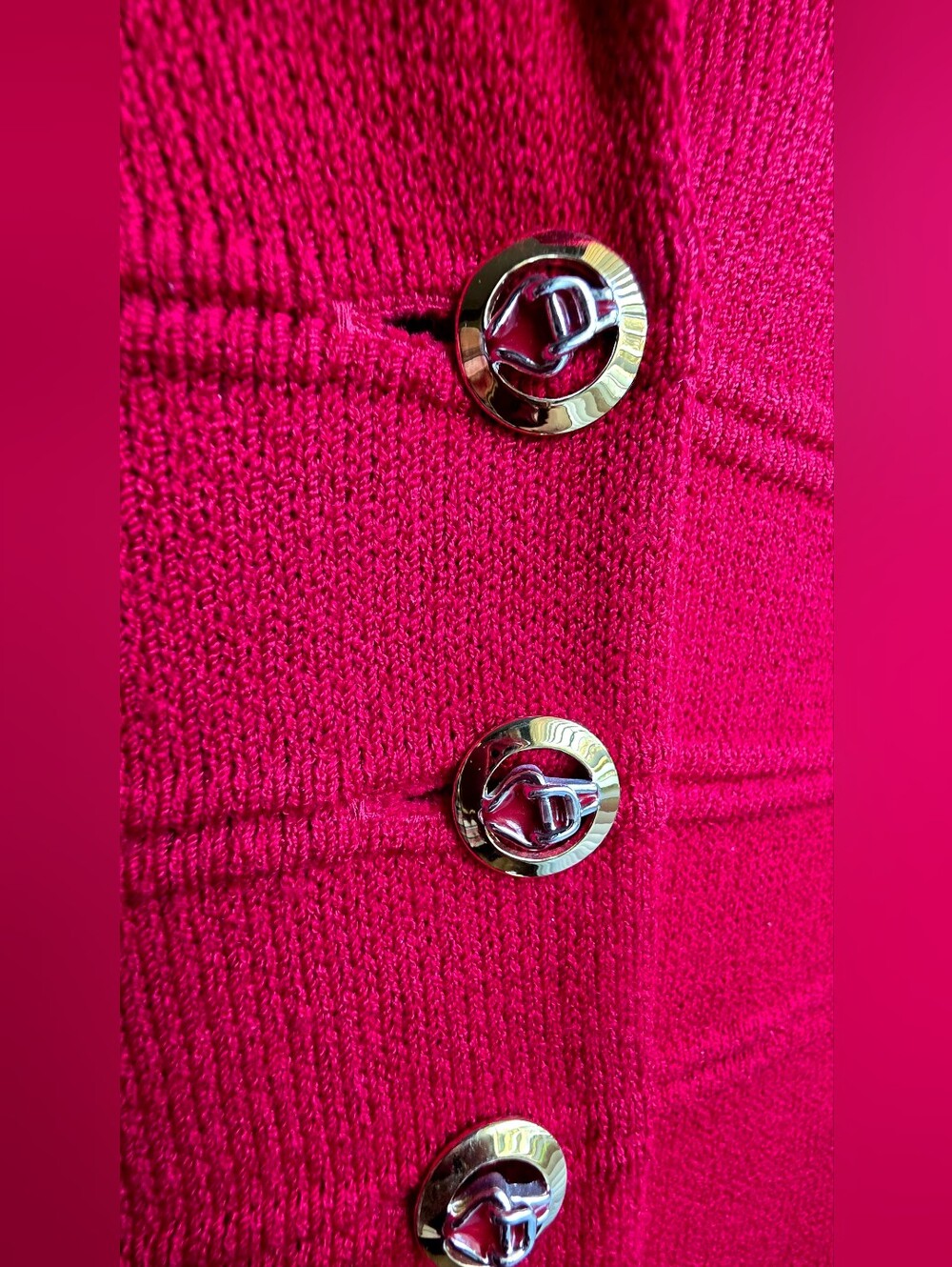 St John Collection Marie Gray Red Long Knit Jacket Coat Gold Buttons Sz 6 - Picture 4 of 10